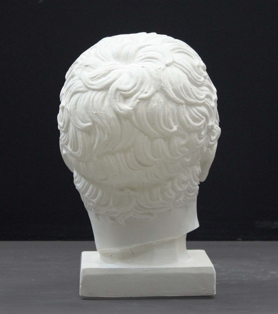photo of plaster cast of sculpture of male head with flat, curly hair on dark gray background