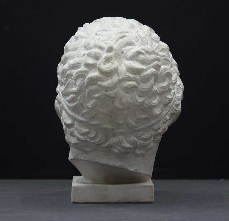 photo of plaster cast sculpture of head of Lansdowne Hercules with curly hair and headpiece on dark gray background