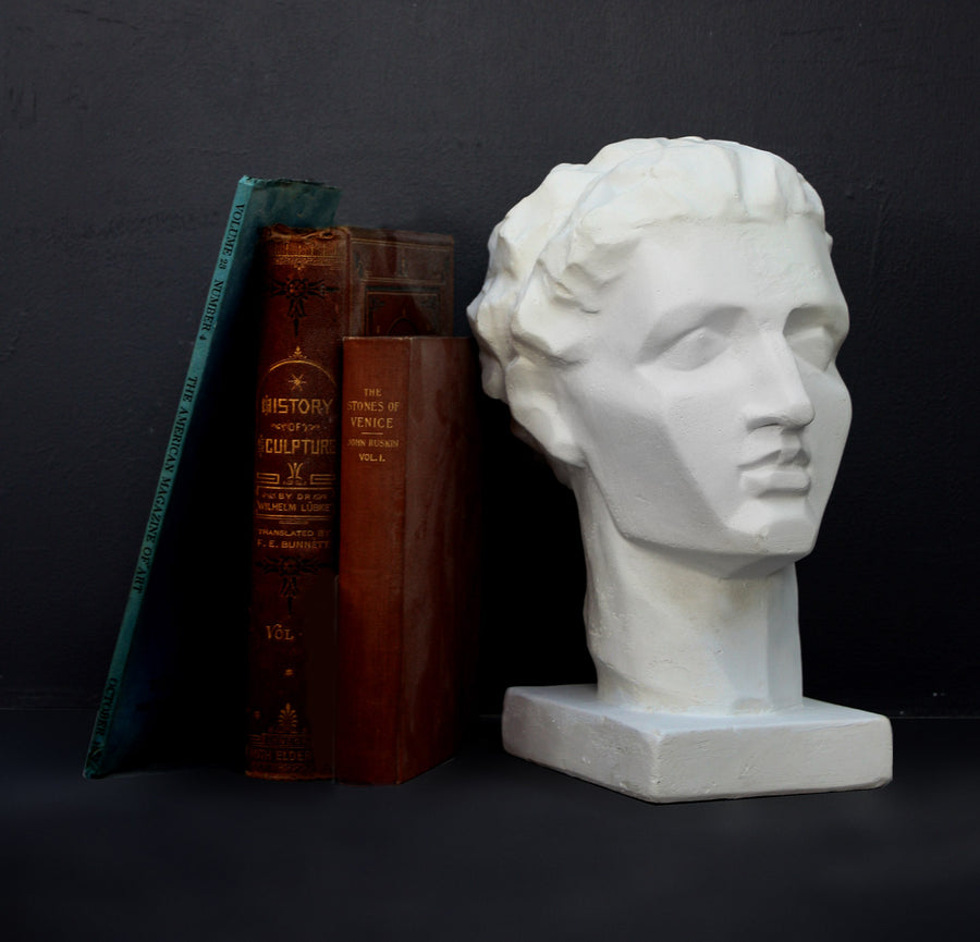 Photo of plaster cast of a blocked female head leaning against two brown and one green old books, 3/4 view, on a black background