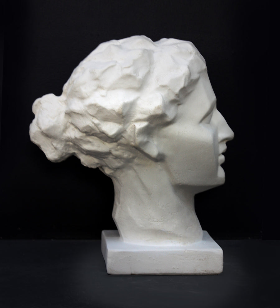 Photo of plaster cast of a blocked female head, side view, on a black background