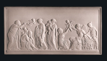 photo of off-white plaster cast relief sculpture of goddess Psyche giving cupids to people on black background