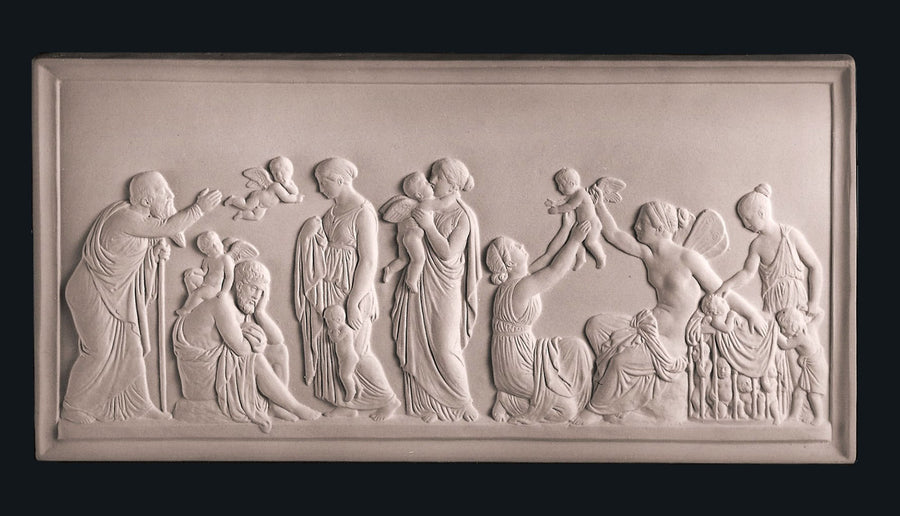 photo of off-white plaster cast relief sculpture of goddess Psyche giving cupids to people on black background