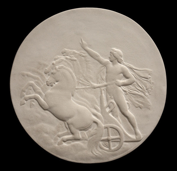 photo of plaster cast relief sculpture of nude male figure in horse-drawn chariot flying