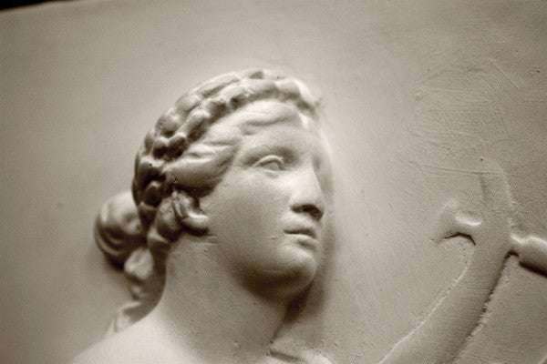 photo closeup of plaster cast sculpture relief of man's head, namely the god Apollo