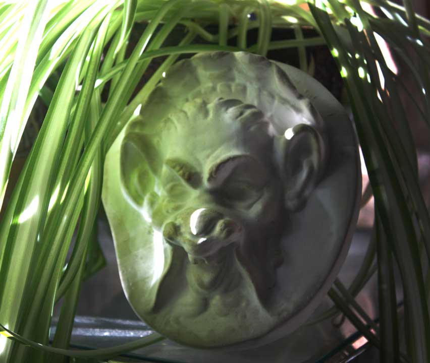 Photo of plaster sculpture of a Faun Head with dappling light and a spider plant on the left