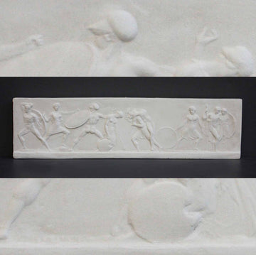 photo of plaster cast of small ancient relief with figures with a background of the same image zoomed-in