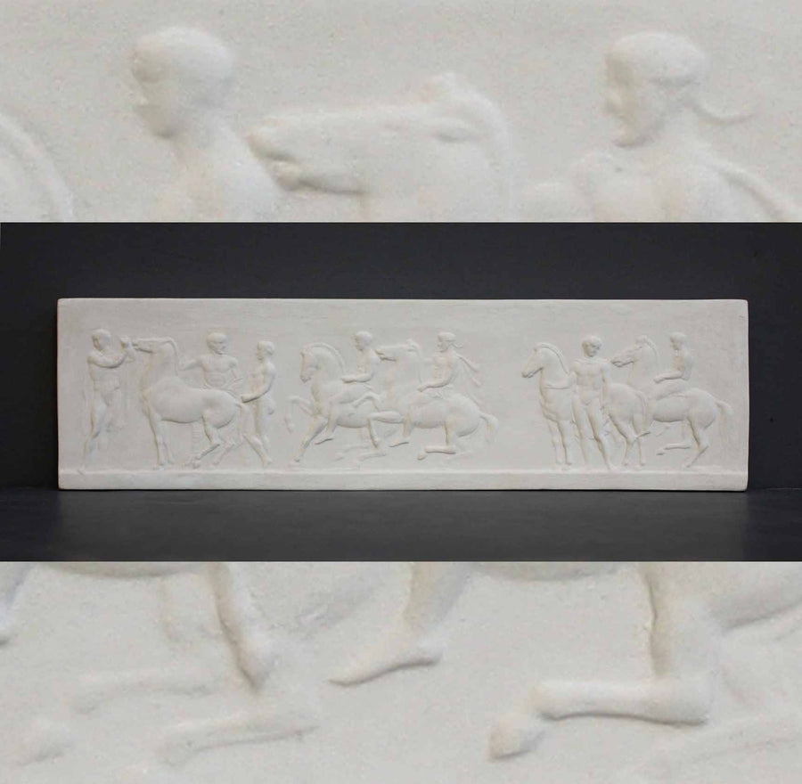 photo of plaster cast of small ancient relief with figures and horses with a background of the same image zoomed-in