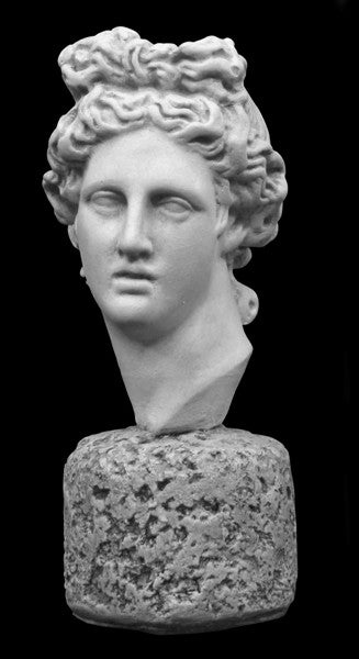 photo of plaster cast sculpture bust of man, namely the god Apollo, with hair piled high in the front and a broach near his neck holding robes on a black background