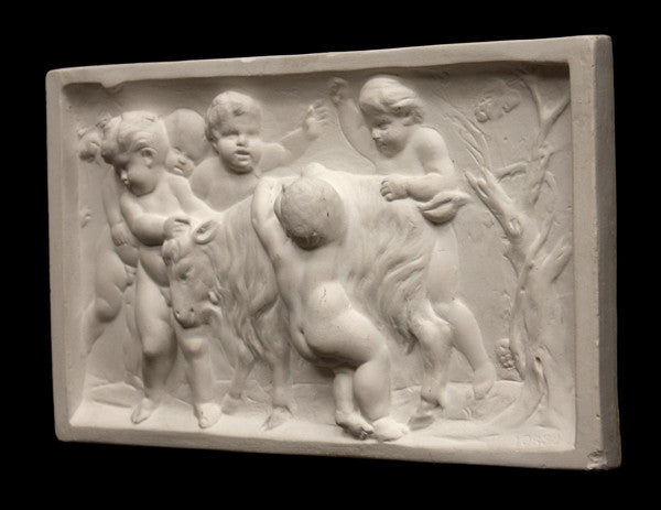 photo of plaster cast relief sculpture of several putti around a goat celebrating the god Bacchus