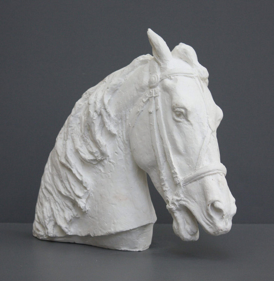 photo of plaster cast of horse head with bridle on a gray background