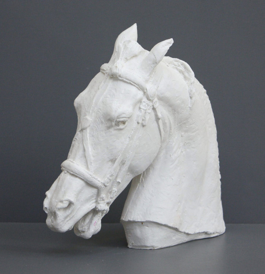 photo of plaster cast of horse head with bridle on a gray background