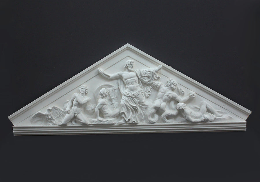 photo of white triangular plaster cast sculpture relief of the god Zeus in the center and the Giants around him on a gray background