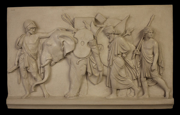 Photo of plaster cast of The Triumphal Entry of Alexander into Babylon, figures with elephant, on a black background