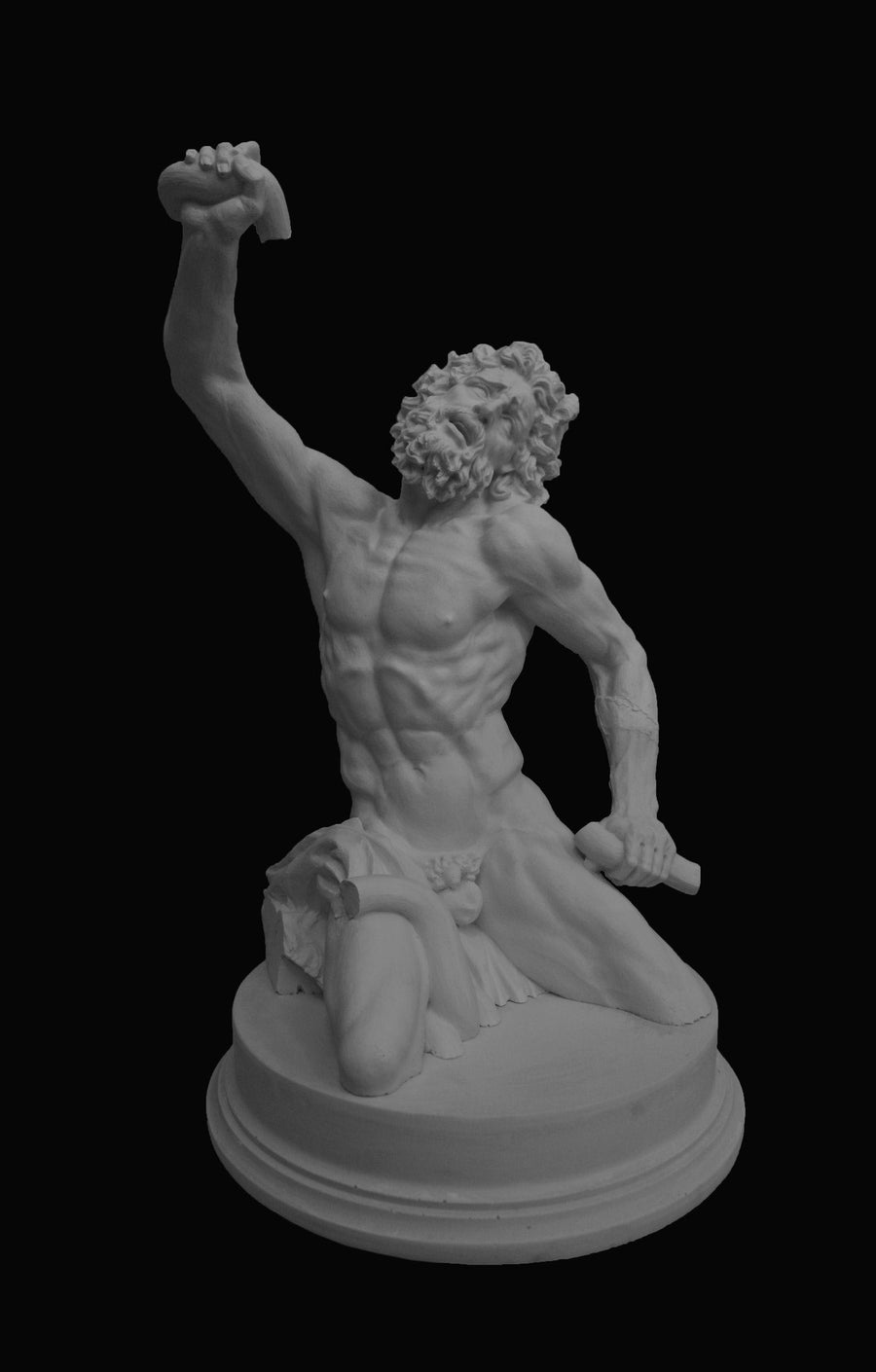 photo with black background of plaster cast sculpture of partially nude male figure, namely Laocoon, kneeling and one arm down and one raised and curly hair and beard