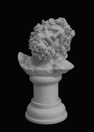 photo with black background of plaster cast sculpture of male bust with curly hair and beard, namely Laocoon, on small pedestal