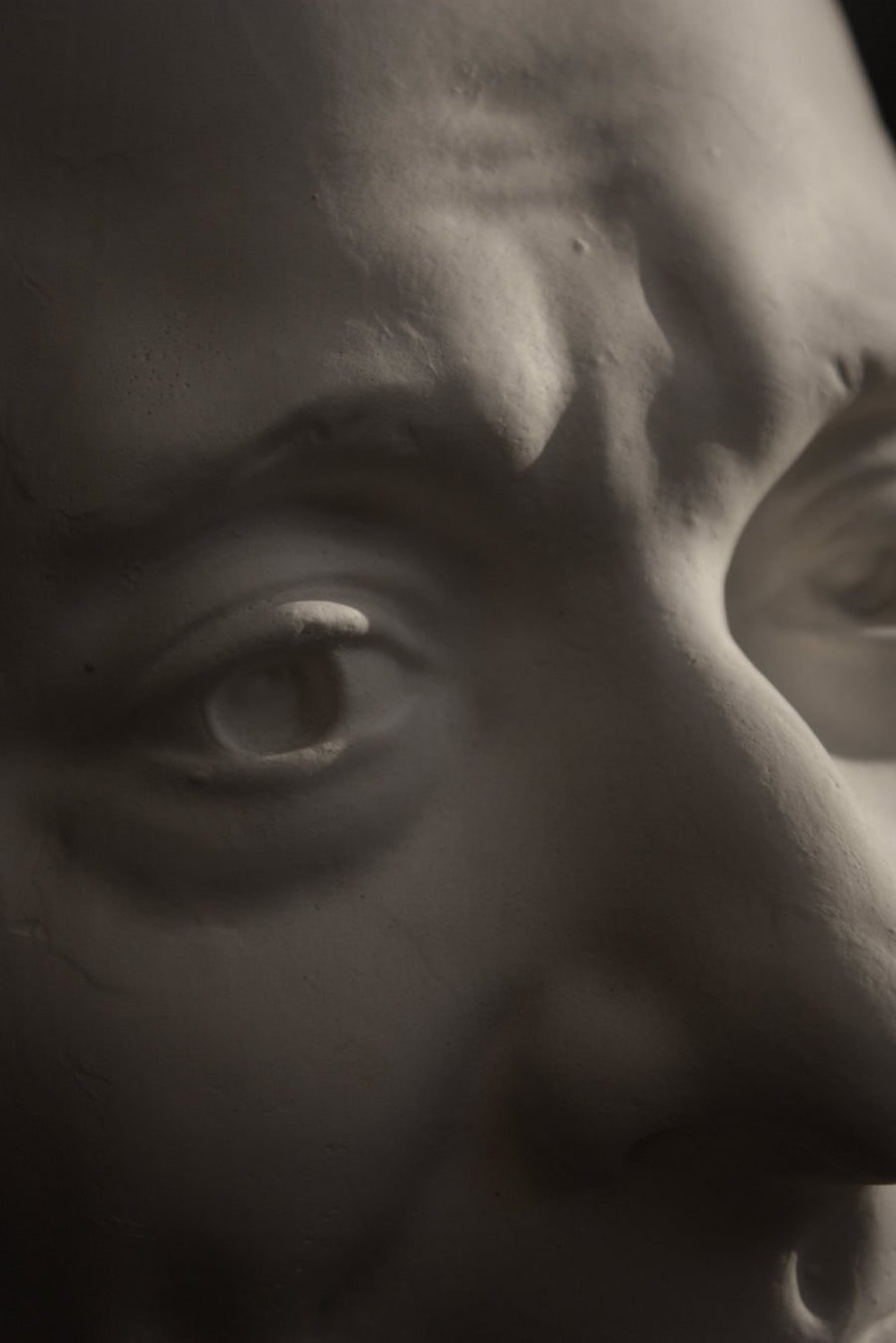 Closeup photo with black background of plaster cast sculpture of elderly male head, namely Voltaire