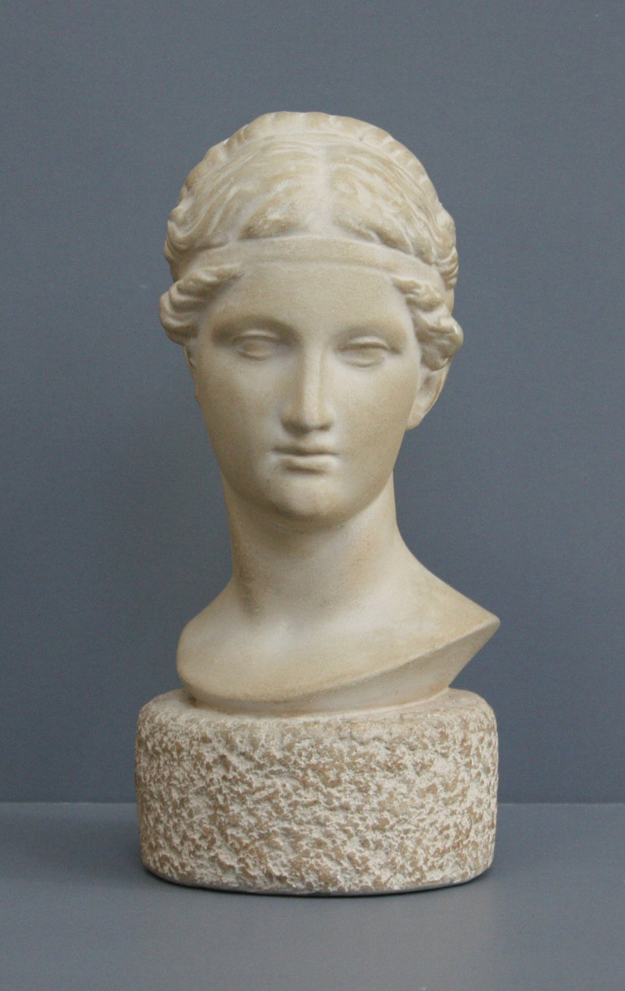 Photo of Plaster Cast sculpture bust of goddess Hebe on a gray background