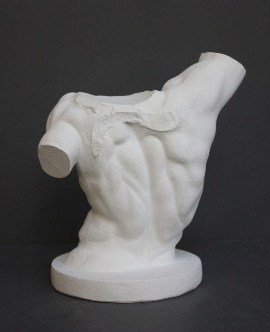 photo with gray background of plaster cast sculpture of male torso, namely Laocoon