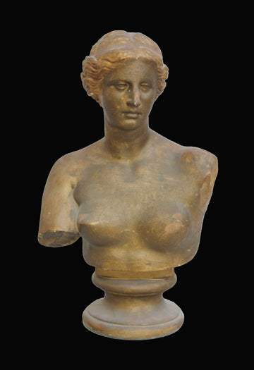 photo with black background of gold plaster cast bust and chest of woman, namely Venus